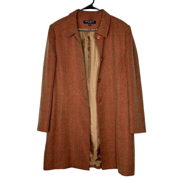 Vintage 90s Rena Rowan 16 Tweed Plaid Coat Button Front Long Jacket Rust Red Tan - Picture 1 of 8